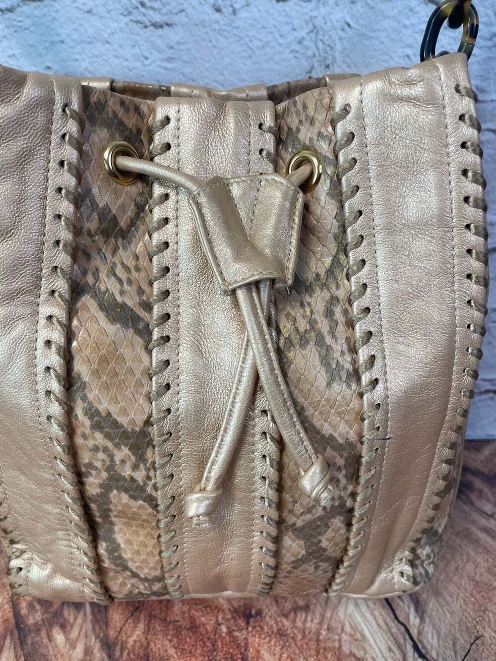 Sharif Python Print Metallic Gold Leather Drawstring Bucket Bag - Picture 5 of 9